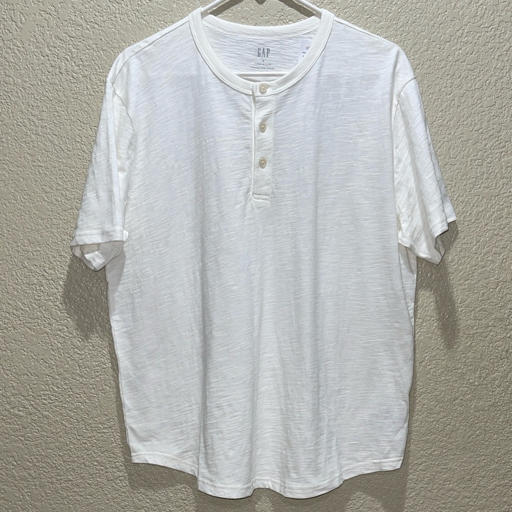 GAP Men's White Short Sleeve Lived In Slub Curved Hem Henley 100% cotton